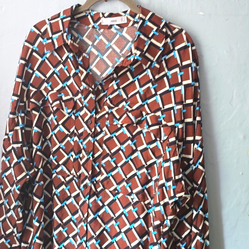 MNG Shirt Dress - Button Down Large Pockets Brown Lattice Graphic Print Sz M
